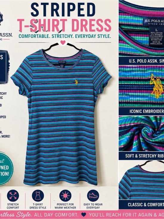 U.S. Polo Assn. Dresses & Skirts - U.S. Polo Assn. Blue, Teal & Purple Striped T-Shirt Dress